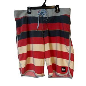 Quicksilver Swim Board Shorts Mens 34 Red White Blue Tie Waist